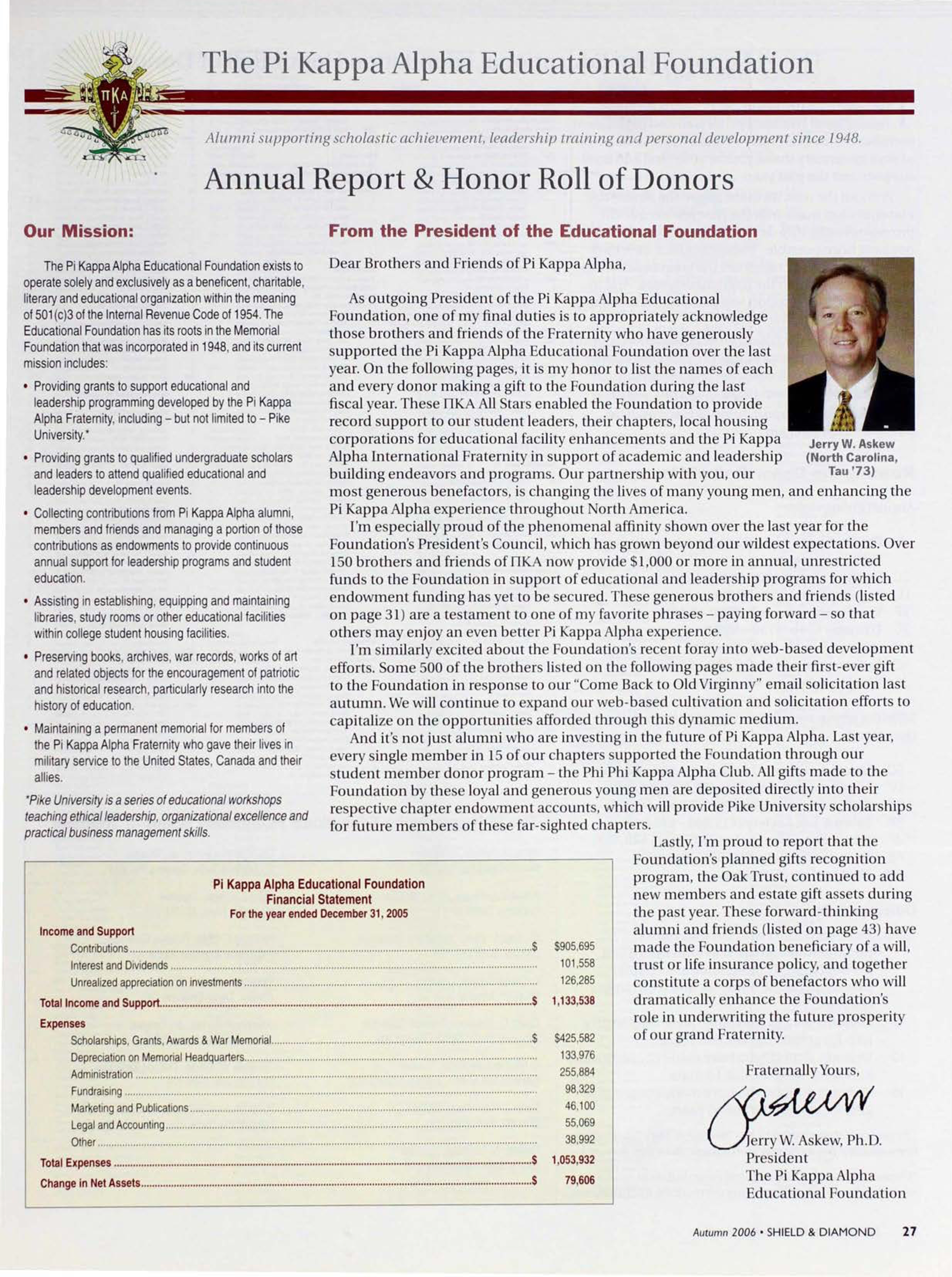 The Pi Kappa Alpha Educational Foundation, Autumn 2006